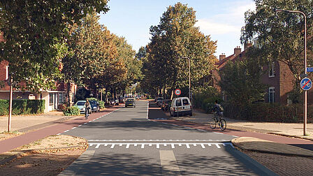 Op computer gemaakte voorbeeldfoto van de situatie op de Javalaan ter hoogte van de Sportparklaan, na invoering van diverse maatregelen zoals een drempel en verbreding van het fietspad.