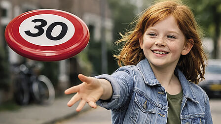 Meisje gooit frisbee met uiterlijk van 30km bord de straat in